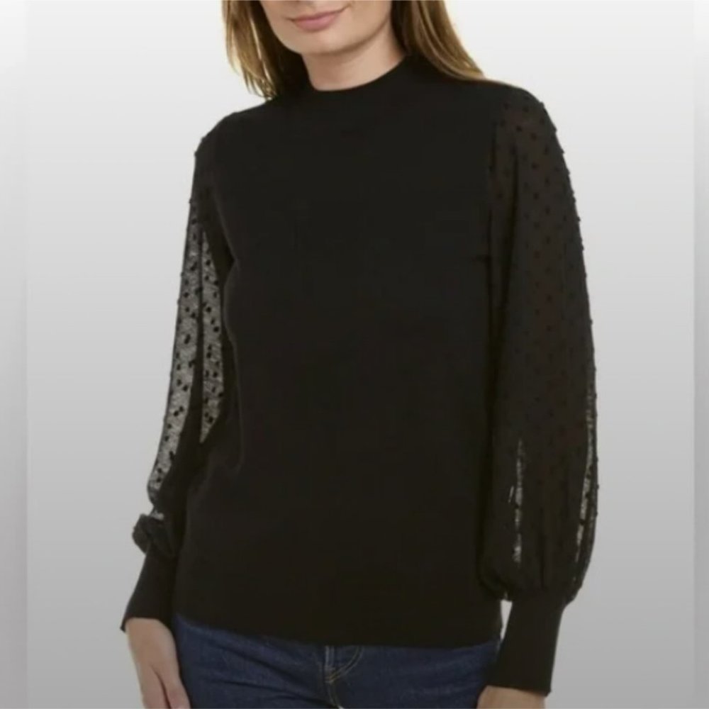 Vince Camuto Black Sweater Top Mock Neck Sheer Swiss Dot Sleeves size Medium